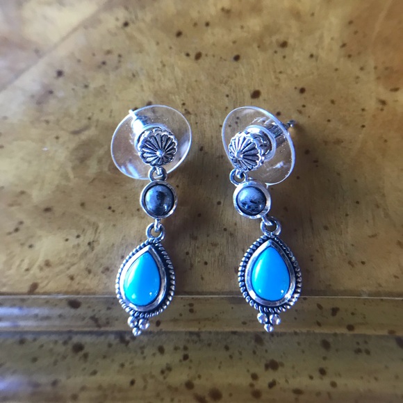 Sleeping Beauty Turquoise White Buffalo Sterling Silver Dangle Earrings - Picture 1 of 6